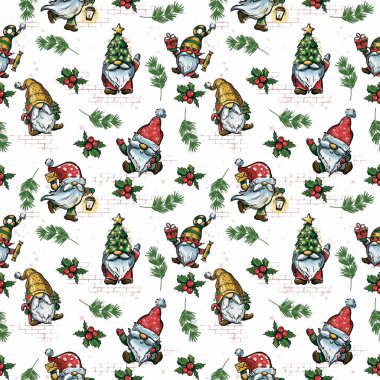 Noel Baba 'nın şirin şapkasıyla Noel cücelerinin renkleri. Tatlı Çizgi Film İllüstrasyonu. Tekstil, kağıt deseni