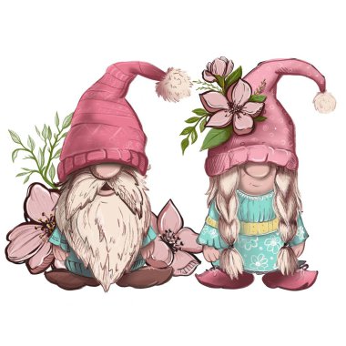 Gnomes illustration, hand draw sketch, digital art spring. Spring gnome at worm hat. Hand draw illustration for sublimation t-shirt, pillow, mug. color illustration. Print for poster, postcard, notebooks, color book for kids
