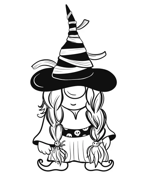 Cadılar bayramı cücesi komik şapkada. Süblimleşme tişörtü, yastık, kupa için el çizimi illüstrasyonu. Çizgi çizimi, siyah beyaz çizim. Poster, kartpostal, not defteri, çocuk için renk kitabı  