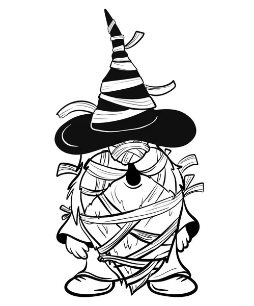   Cadılar Bayramı cücesi komik şapkada. Süblimleşme tişörtü, yastık, kupa için el çizimi illüstrasyonu. Çizgi çizimi, siyah beyaz çizim. Poster, kartpostal, not defteri, çocuklar için renk kitabı