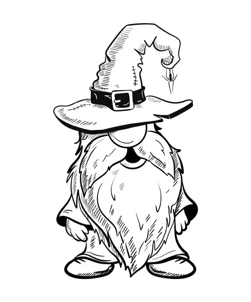   Cadılar Bayramı cücesi komik şapkada. Süblimleşme tişörtü, yastık, kupa için el çizimi illüstrasyonu. Çizgi çizimi, siyah beyaz çizim. Poster, kartpostal, not defteri, çocuklar için renk kitabı