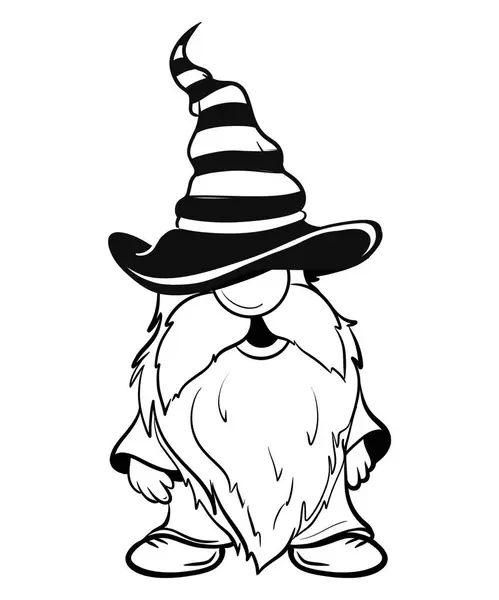     Cadılar Bayramı cücesi komik şapkada. Süblimleşme tişörtü, yastık, kupa için el çizimi illüstrasyonu. Çizgi çizimi, siyah beyaz çizim. Poster, kartpostal, not defteri, çocuklar için renk kitabı