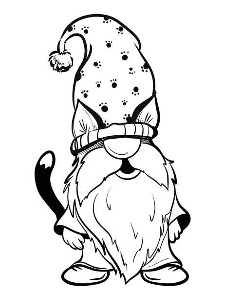     Cadılar Bayramı cücesi kedisi komik şapkada. Süblimleşme tişörtü, yastık, kupa için el çizimi illüstrasyonu. Çizgi çizimi, siyah beyaz çizim. Poster, kartpostal, not defteri, çocuklar için renk kitabı