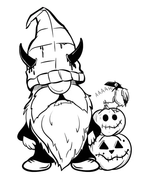   Cadılar Bayramı cücesi komik şapkada. Süblimleşme tişörtü, yastık, kupa için el çizimi illüstrasyonu. Çizgi çizimi, siyah beyaz çizim. Poster, kartpostal, not defteri, çocuklar için renk kitabı