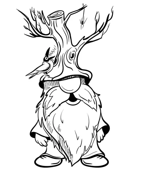   Cadılar Bayramı cücesi komik şapkada. Süblimleşme tişörtü, yastık, kupa için el çizimi illüstrasyonu. Çizgi çizimi, siyah beyaz çizim. Poster, kartpostal, not defteri, çocuklar için renk kitabı