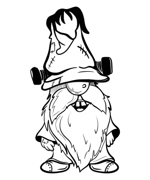   Cadılar Bayramı cücesi komik şapkada. Süblimleşme tişörtü, yastık, kupa için el çizimi illüstrasyonu. Çizgi çizimi, siyah beyaz çizim. Poster, kartpostal, not defteri, çocuklar için renk kitabı