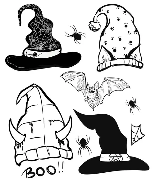   El çizimi Cadılar Bayramı şapkası. Siyah ve beyaz. Süblimleşme tişörtü, yastık, kupa için el çizimi illüstrasyonu. çizgi çizimi, siyah beyaz çizim. 