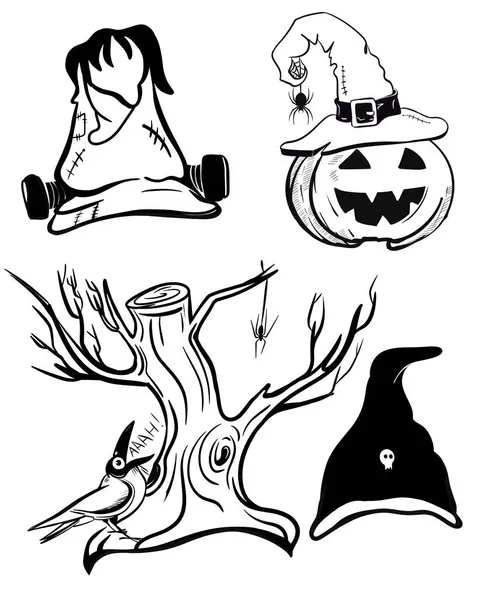 stock image   hand drawn illustration Halloween hat. Black and white. Hand draw illustration for sublimation t-shirt, pillow, mug. line art illustration, black and white sketch. tree, pumpkin, frankinstein