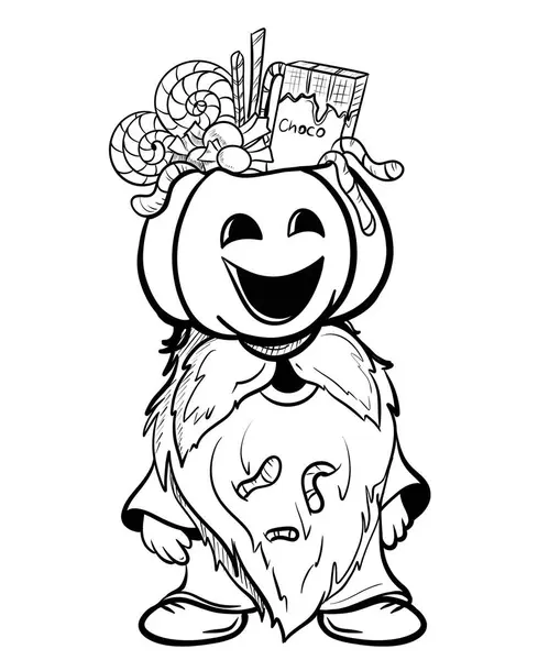   Cadılar Bayramı cücesi şekerli komik şapkaya bakıyor. Süblimleşme tişörtü, yastık, kupa için el çizimi illüstrasyonu. Çizgi çizimi, siyah beyaz çizim. Poster, kartpostal, not defteri, çocuklar için renk kitabı