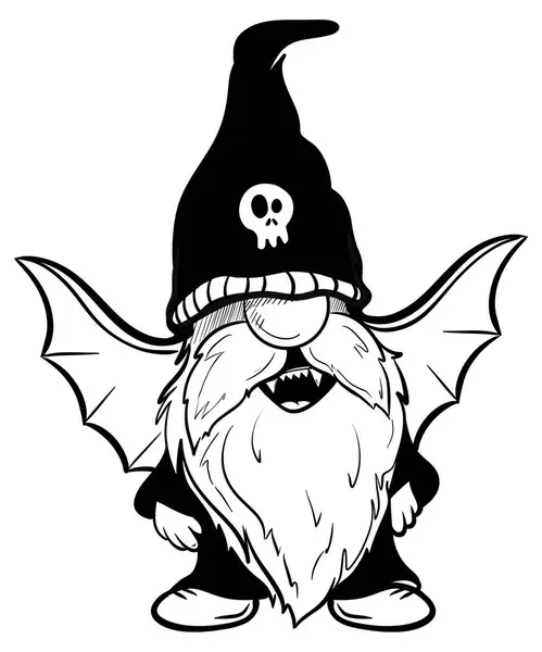   Cadılar Bayramı cücesi vampiri, komik şapkalı siyah yarasa. Süblimleşme tişörtü, yastık, kupa için el çizimi illüstrasyonu. Çizgi çizimi, siyah beyaz çizim. Poster, kartpostal, not defteri, çocuklar için renk kitabı