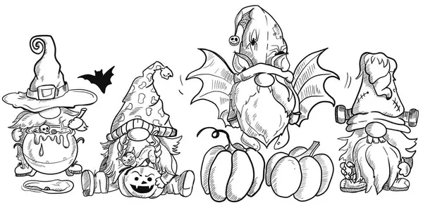 stock image   Halloween holiday set of gnomes in costumes.Hand draw illustration for sublimation t-shirt, pillow, mug. line art illustration, black and white sketch. Print for poster, postcard, notebooks, color book for kids