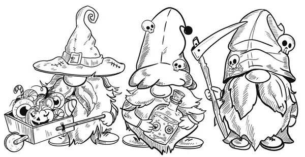 Cadılar Bayramı cüceleri kostümlü. Süblimleşme tişörtü, yastık, kupa için el çizimi. Çizgi çizimi, siyah beyaz çizim. Poster, kartpostal, not defteri, çocuklar için renk kitabı
