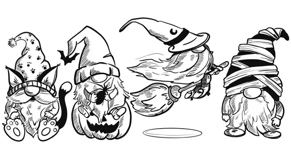 Cadılar Bayramı cücelerini komik şapkalara ayarla. Süblimleşme tişörtü, yastık, kupa için el çizimi illüstrasyonu. Çizgi çizimi, siyah beyaz çizim. Poster, kartpostal, not defteri, çocuklar için renk kitabı