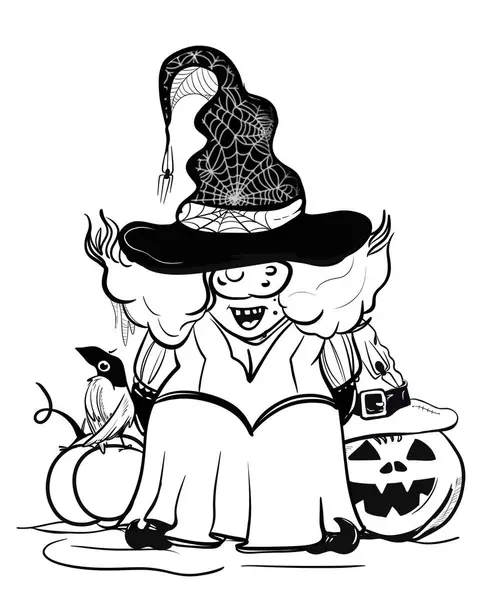     Cadılar Bayramı kadın cücesi taç ve balkabaklı komik şapkaya bakıyor. Süblimleşme tişörtü, yastık, kupa için el çizimi illüstrasyonu. Çizgi çizimi, siyah ve beyaz. Poster, kartpostal, not defteri, renk kitabı için yazdır