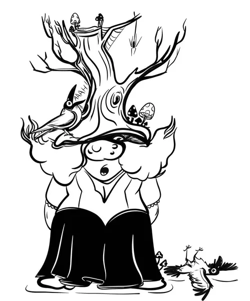   Cadılar Bayramı kadın cüceleri komik şapka ağacı ve kostümlere bakıyor. Süblimleşme tişörtü, yastık, kupa için el çizimi illüstrasyonu. Çizgi çizimi, siyah ve beyaz. Poster, kartpostal, not defteri, renk kitabı için yazdır