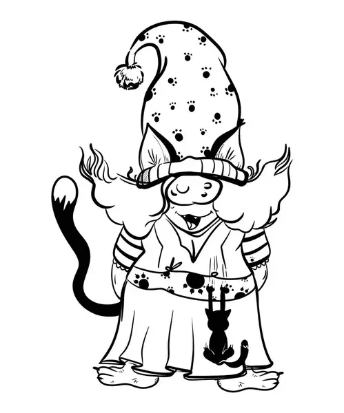 stock image   Halloween woman gnomes at funny hat cat and costums. Hand draw illustration for sublimation t-shirt, pillow, mug. line art illustration, black and white. Print for poster, postcard, notebooks, color book