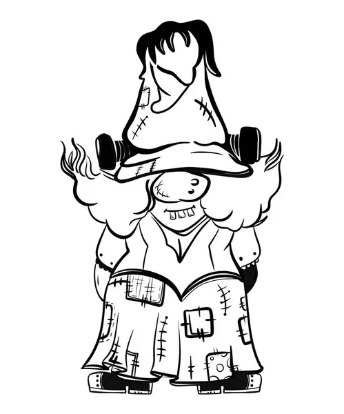 stock image Halloween woman gnomes at funny hat frankinstain and costums. Hand draw illustration for sublimation t-shirt, pillow, mug. line art illustration, black and white. Print for poster, postcard, notebooks, color book