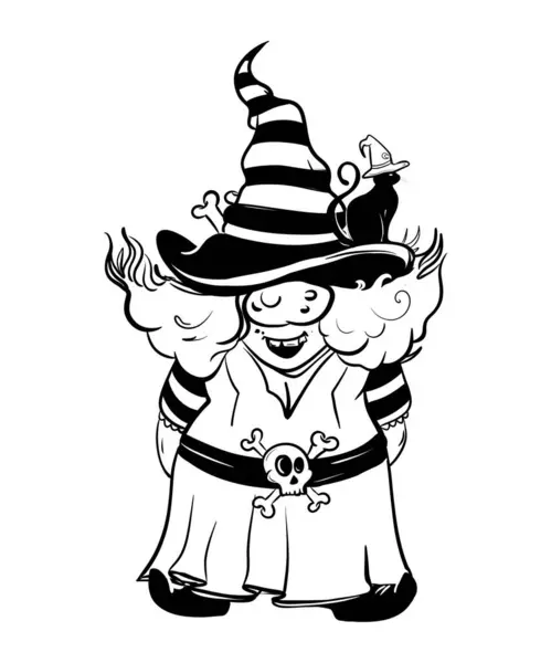 Cadılar Bayramı kadın cüceleri komik şapkalara ve kostümlere bakıyor. Süblimleşme tişörtü, yastık, kupa için el çizimi illüstrasyonu. Çizgi çizimi, siyah ve beyaz. Poster, kartpostal, not defteri, renk kitabı için yazdır  