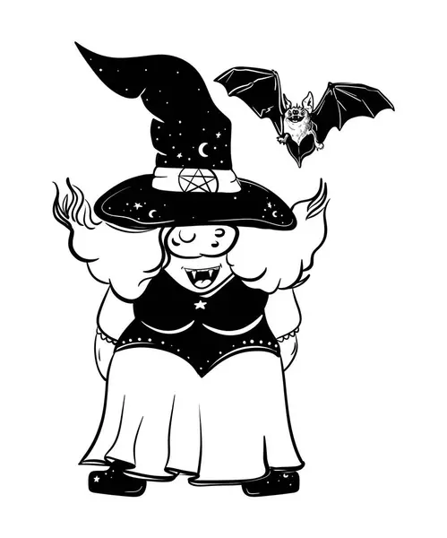   Cadılar Bayramı cadı kadın cücesi komik şapkalı şirin çizgi film. Süblimleşme tişörtü, yastık, kupa için el çizimi illüstrasyonu. Çizgi çizimi, siyah ve beyaz. Poster, kartpostal, not defteri, renk kitabı için yazdır