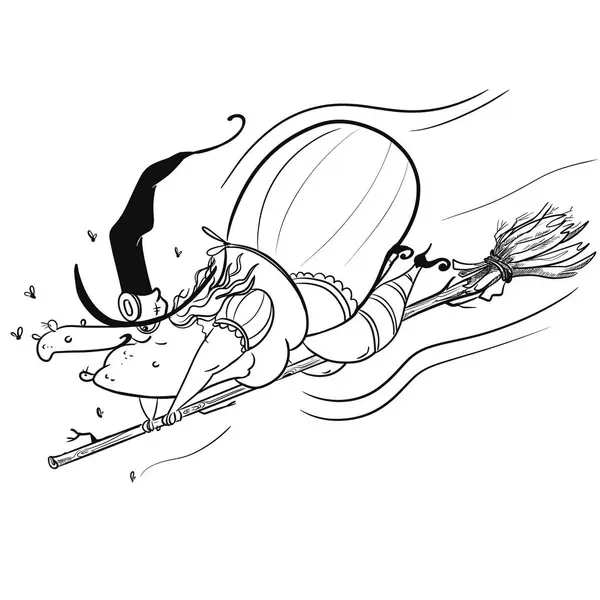 Cadılar Bayramı kadın cadısı şirin bir çizgi film. Süblimleşme tişörtü, yastık, kupa için el çizimi illüstrasyonu. Çizgi çizimi, siyah ve beyaz. Poster, kartpostal, not defteri, renk kitabı için yazdır