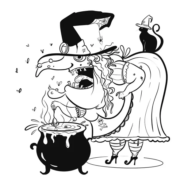 Cadılar Bayramı kadın cadısı şirin bir çizgi film. Süblimleşme tişörtü, yastık, kupa için el çizimi illüstrasyonu. Çizgi çizimi, siyah ve beyaz. Poster, kartpostal, not defteri, renk kitabı için yazdır