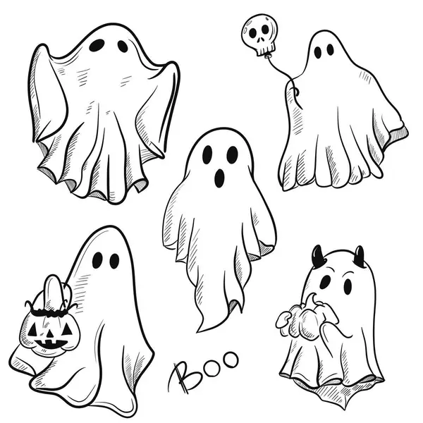   Cadılar Bayramı hayaleti Süblimleşme tişörtü, yastık, kupa için el çizimi illüstrasyonu. Çizgi çizimi, siyah ve beyaz. Poster, kartpostal, not defteri, renk kitabı için yazdır