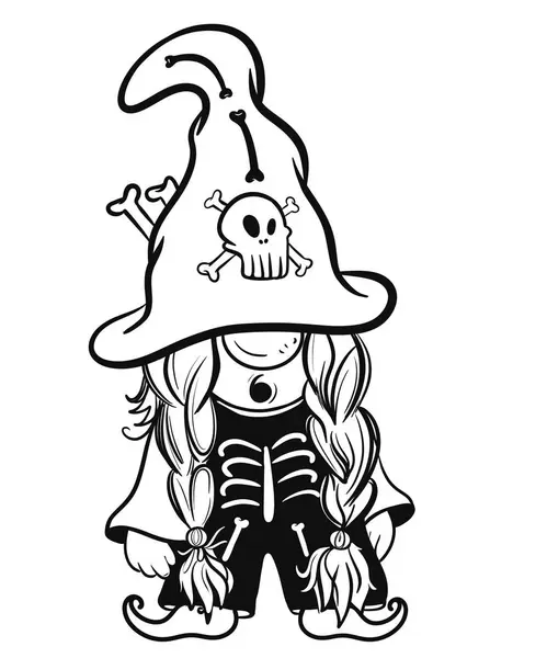   Cadılar Bayramı şapkalı çizgi kadın cüceler. Cücelerin siyah beyaz çizgi sanatı. Cadılar Bayramı için tek renkli cüce çizimleri