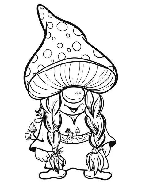   Cadılar Bayramı şapkalı karikatür kadın cücesi. Cücelerin siyah beyaz çizgi sanatı. Cadılar Bayramı için tek renkli cüce çizimleri