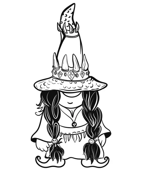   Cadılar Bayramı şapkalı karikatür kadın cücesi. Cücelerin siyah beyaz çizgi sanatı. Cadılar Bayramı için tek renkli cüce çizimleri