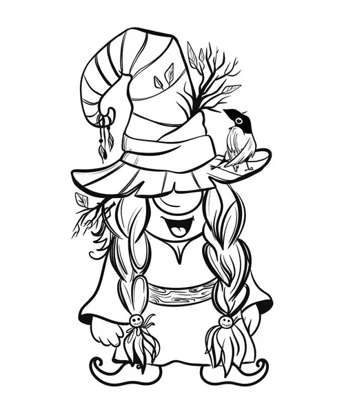   Cadılar Bayramı şapkalı karikatür kadın cücesi. Cücelerin siyah beyaz çizgi sanatı. Cadılar Bayramı için tek renkli cüce çizimleri