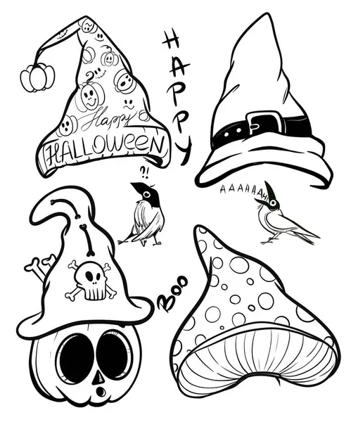 Cadılar Bayramı şapkalarının el çizimi çizimi. Siyah ve beyaz. Süblimleşme tişörtü, yastık, kupa için el çizimi illüstrasyonu.  