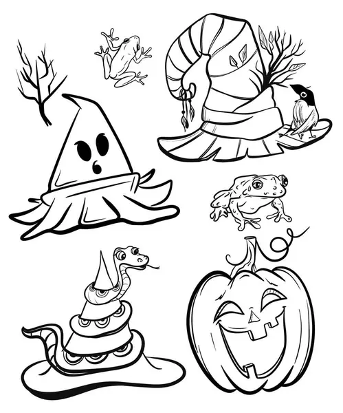 Cadılar Bayramı şapkasının elle çizilmiş hali. Siyah ve beyaz. Süblimleşme tişörtü, yastık, kupa için el çizimi illüstrasyonu. çizgi çizimi, siyah beyaz çizim. 