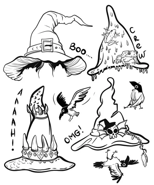 Cadılar Bayramı şapkasının elle çizilmiş hali. Siyah ve beyaz. Süblimleşme tişörtü, yastık, kupa için el çizimi illüstrasyonu. çizgi çizimi, siyah beyaz çizim. 