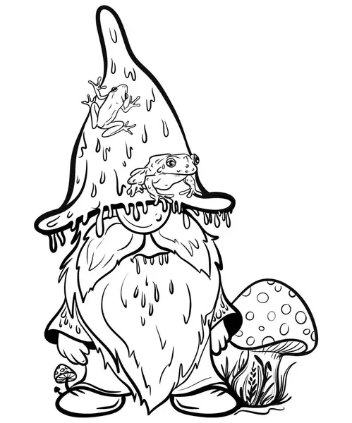   Cadılar Bayramı cücesi kurbağalı komik şapkada. Süblimleşme tişörtü, yastık, kupa için el çizimi illüstrasyonu. Çizgi çizimi, siyah beyaz çizim. Poster, kartpostal, not defteri, çocuklar için renk kitabı