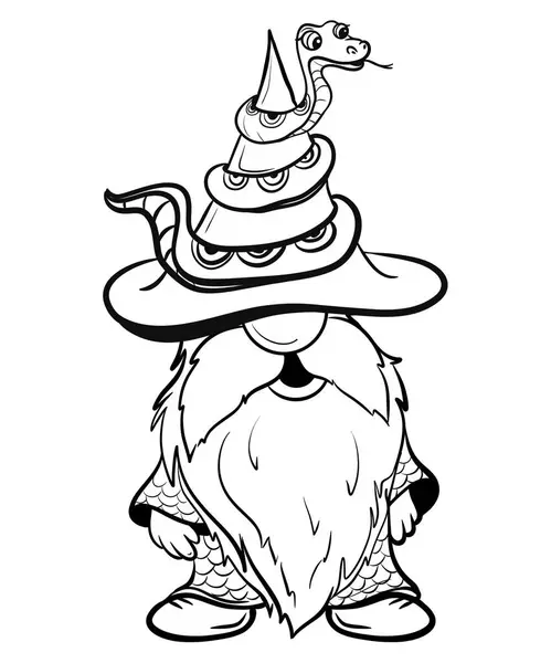   Cadılar Bayramı cücesi yılanlı komik şapkaya bakıyor. Süblimleşme tişörtü, yastık, kupa için el çizimi illüstrasyonu. Çizgi çizimi, siyah beyaz çizim. Poster, kartpostal, not defteri, çocuklar için renk kitabı