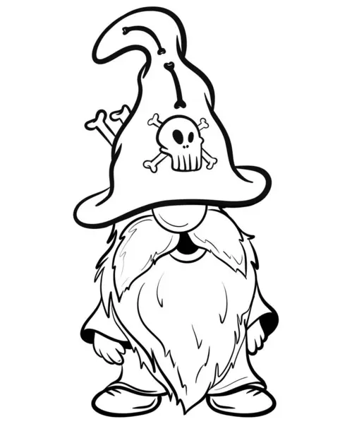   Cüce cadılar bayramı cücesi, sceleton ve bonlarla komik şapkalarda. Süblimleşme tişörtü, yastık, kupa için el çizimi illüstrasyonu. Çizgi çizimi, siyah beyaz çizim. Poster, kartpostal, not defteri, çocuklar için renk kitabı