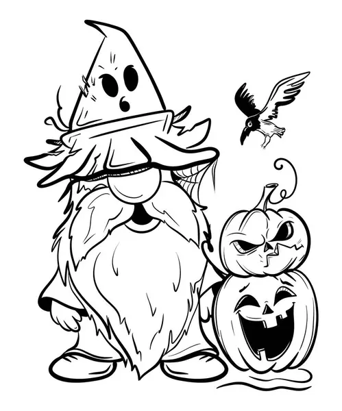   Cadılar Bayramı cücesi komik şapkalı, karga ve komik balkabaklı. Süblimleşme tişörtü, yastık, kupa için el çizimi illüstrasyonu. Çizgi çizimi, siyah beyaz çizim. Poster, kartpostal, not defteri, çocuklar için renk kitabı