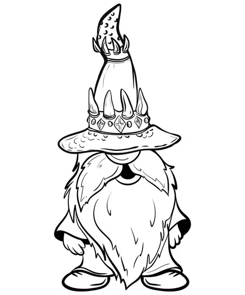 Cadılar Bayramı cücesi komik şapkada. Süblimleşme tişörtü, yastık, kupa için el çizimi illüstrasyonu. Çizgi çizimi, siyah beyaz çizim. Poster, kartpostal, not defteri, çocuklar için renk kitabı