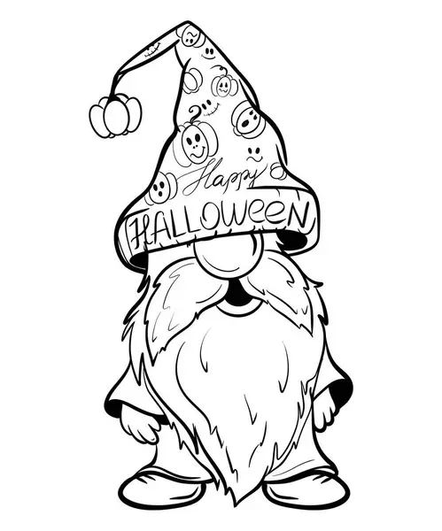 Cadılar Bayramı cücesi komik şapkada. Süblimleşme tişörtü, yastık, kupa için el çizimi illüstrasyonu. Çizgi çizimi, siyah beyaz çizim. Poster, kartpostal, not defteri, çocuklar için renk kitabı