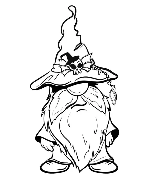 Cadılar Bayramı cücesi komik şapkada. Süblimleşme tişörtü, yastık, kupa için el çizimi illüstrasyonu. Çizgi çizimi, siyah beyaz çizim. Poster, kartpostal, not defteri, çocuklar için renk kitabı