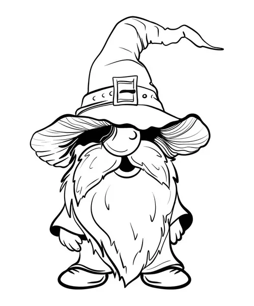 Cadılar Bayramı cücesi komik şapkada. Süblimleşme tişörtü, yastık, kupa için el çizimi illüstrasyonu. Çizgi çizimi, siyah beyaz çizim. Poster, kartpostal, not defteri, çocuklar için renk kitabı