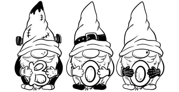 Cadılar Bayramı takımı. Cadılar Bayramı kostümleri içinde üç cüce duruyor ve ellerinde yuhalanacak mektuplar var. İllüstrasyon siyah çizgi şeklinde çizilir ve tekstil, seramik üzerinde süblimleşme için kullanılabilir.