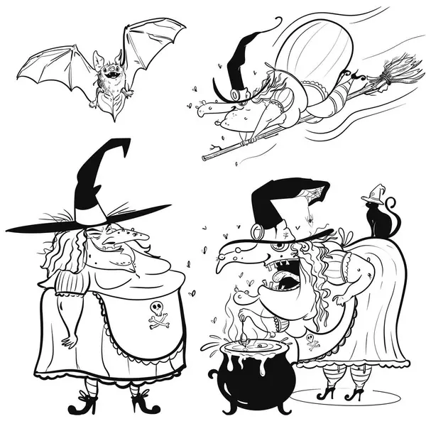 Cadılar Bayramı cadı unsurları. El çizimi resmi siyah beyaz. Yarasa, cadılar. Çizgi çizimi. Poster, kartpostal, not defteri, çocuklar için renkli kitap. Beyaz arkaplan