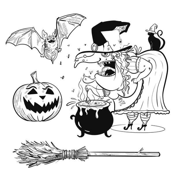 Cadılar Bayramı cadı unsurları. El çizimi resmi siyah beyaz. Yarasa, bal kabağı, kedi, cadı. Çizgi çizimi. Poster, kartpostal, not defteri, çocuklar için renkli kitap. Beyaz arkaplan