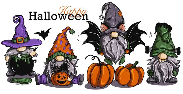  Cadılar Bayramı cüceleri. Bir tişört, yastık ve fincanda süblimleşme için elle çizilmiş ilmiştir. Renk çizimi. Poster, kartpostal, çıkartma, tekstil. Cadılar bayramın kutlu olsun! Beyaz arkaplan