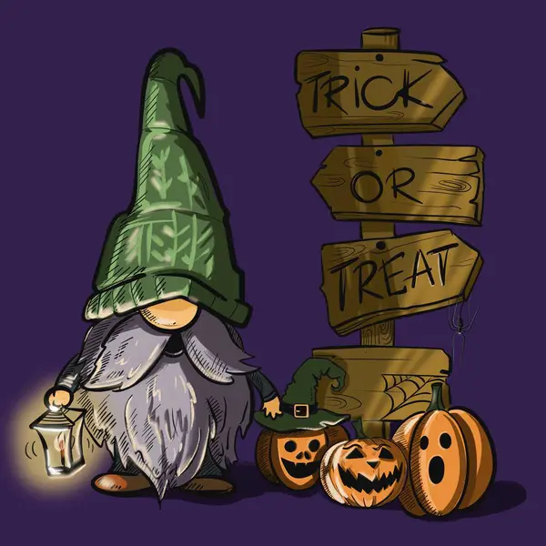 Elinde fener tutan bir cadılar bayramı cücesinin renkli çizimi. Cüce gülümseyen balkabaklarının yanında duruyor. Kurul şeker mi şaka mı okuyor. Mor arkaplan.