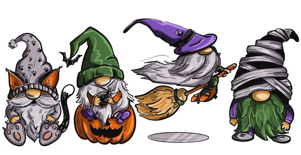  Cadılar Bayramı cüceleri kedi, mumya, uçan süpürge sapında bir cadı ve elinde örümcek tutan bir balkabağı üzerinde oturan bir cüce. Bir tişörtte süblimleşme için elle çizilmiş renk çizimi