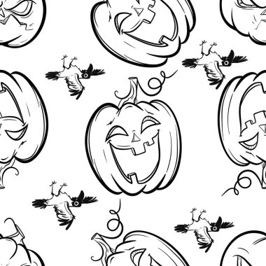 Kabak ve taçlarla kusursuz desen, grafik elementleri. Farklı duyguları olan balkabakları. Paket kağıdı, tekstil, poster, hediye kağıdı için yazdır