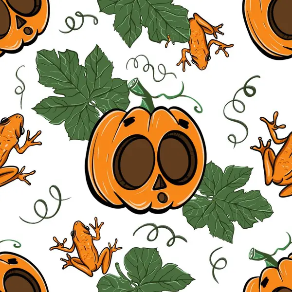  Kabak ve kurbağa desenli kusursuz desen, renkli elementli grafikler. Farklı duyguları olan balkabakları. Paket kağıdı, tekstil, poster, hediye kağıdı için yazdır