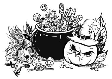   Siyah ve beyaz Cadılar Bayramı kompozisyonu, şapkalı kızgın bir balkabağı, bir kafatası ve şeker dolu bir kazanın yanında kargalar. Kuru sonbahar yaprakları ve meyveleri